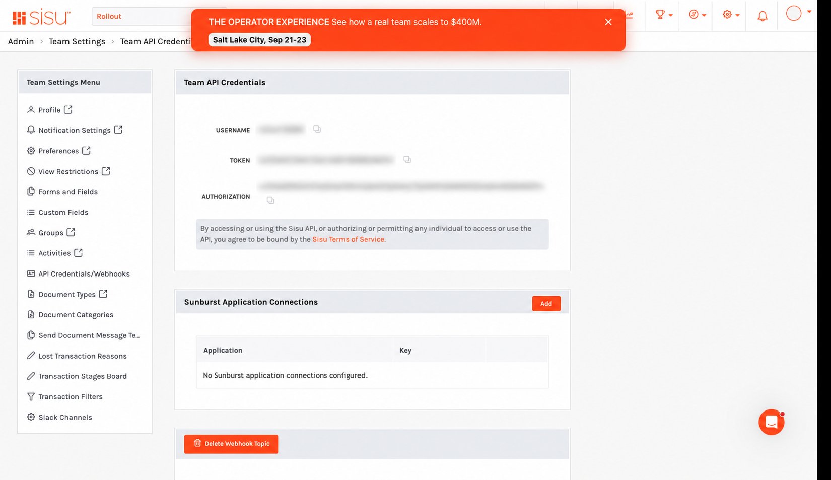 Sisu Team API Credentials page with the Username, Token, and Authorization values blurred