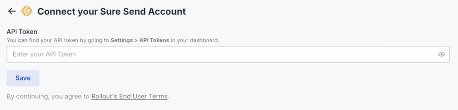 A mobile close-up of the Sure Send API Token field and Save button