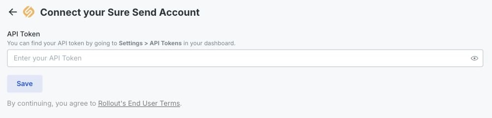 The Rollout-powered Sure Send connection form with the API Token field and Save button highlighted