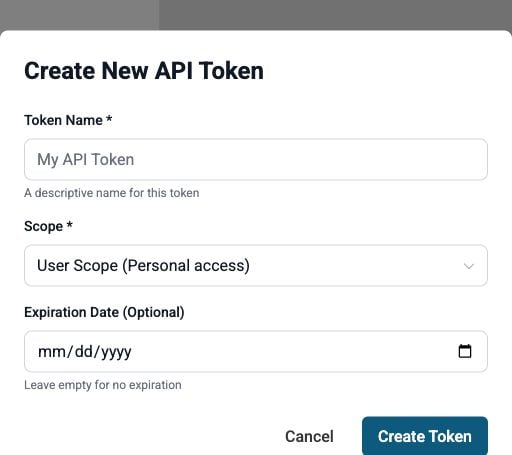 The Sure Send Create New API Token form with fields for the token name, scope, and optional expiration date