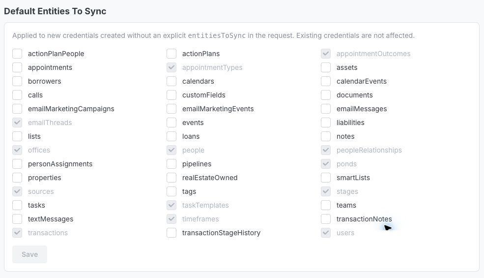Default Entities To Sync in dashboard Settings, with data type checkboxes and a Save button