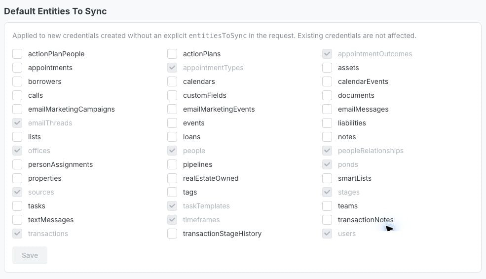Default Entities To Sync in dashboard Settings, with data type checkboxes and a Save button