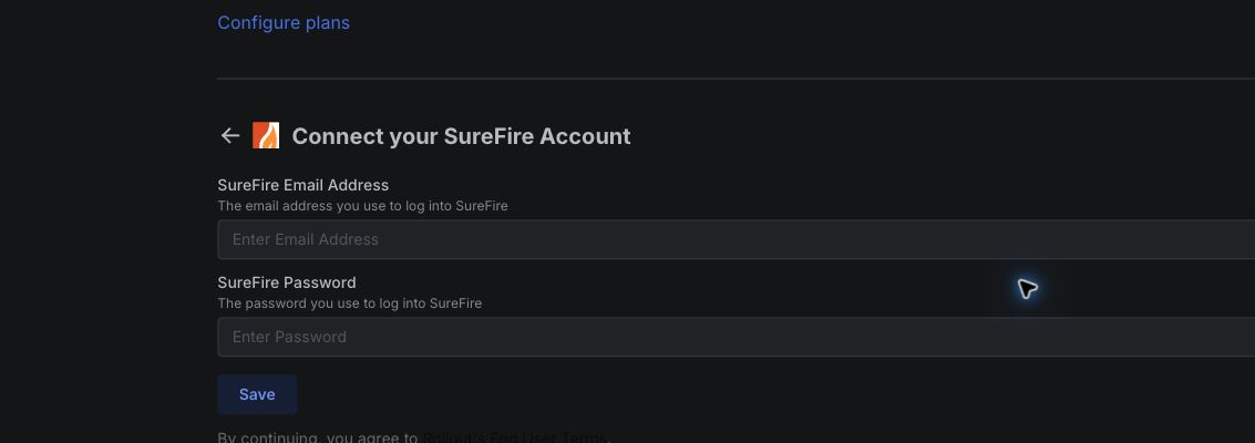 Rollout test tenant SureFire connection form with email address and password fields