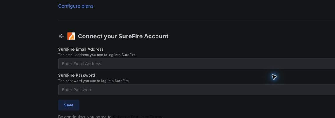 Rollout test tenant SureFire connection form with email address and password fields