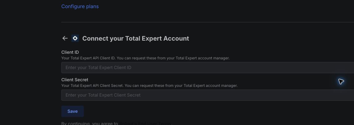 Rollout test tenant Total Expert connection form with Client ID and Client Secret fields