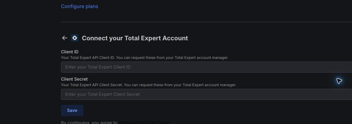 Rollout test tenant Total Expert connection form with Client ID and Client Secret fields