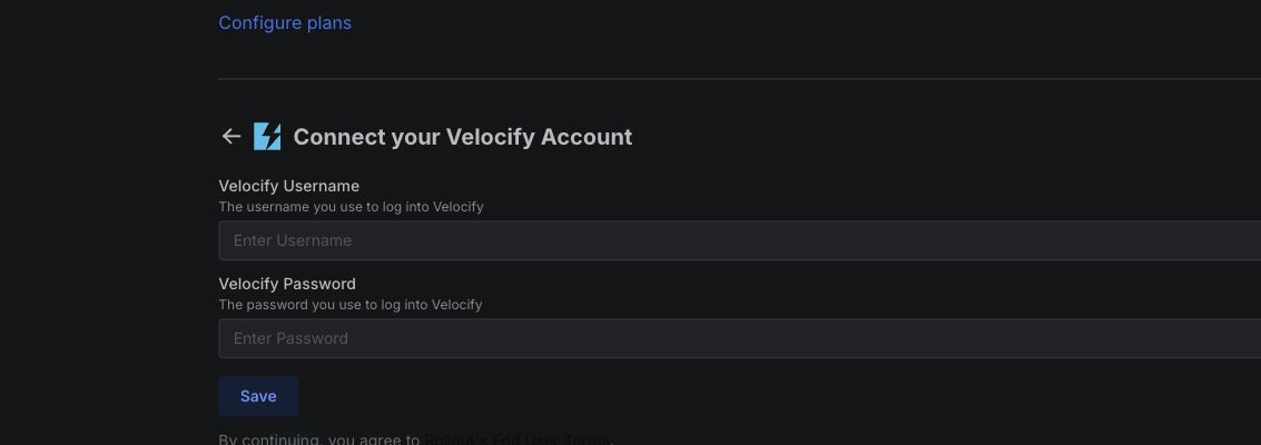 Rollout test tenant Velocify connection form with username and password fields