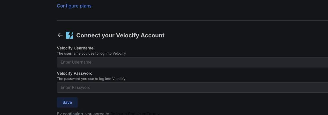 Rollout test tenant Velocify connection form with username and password fields