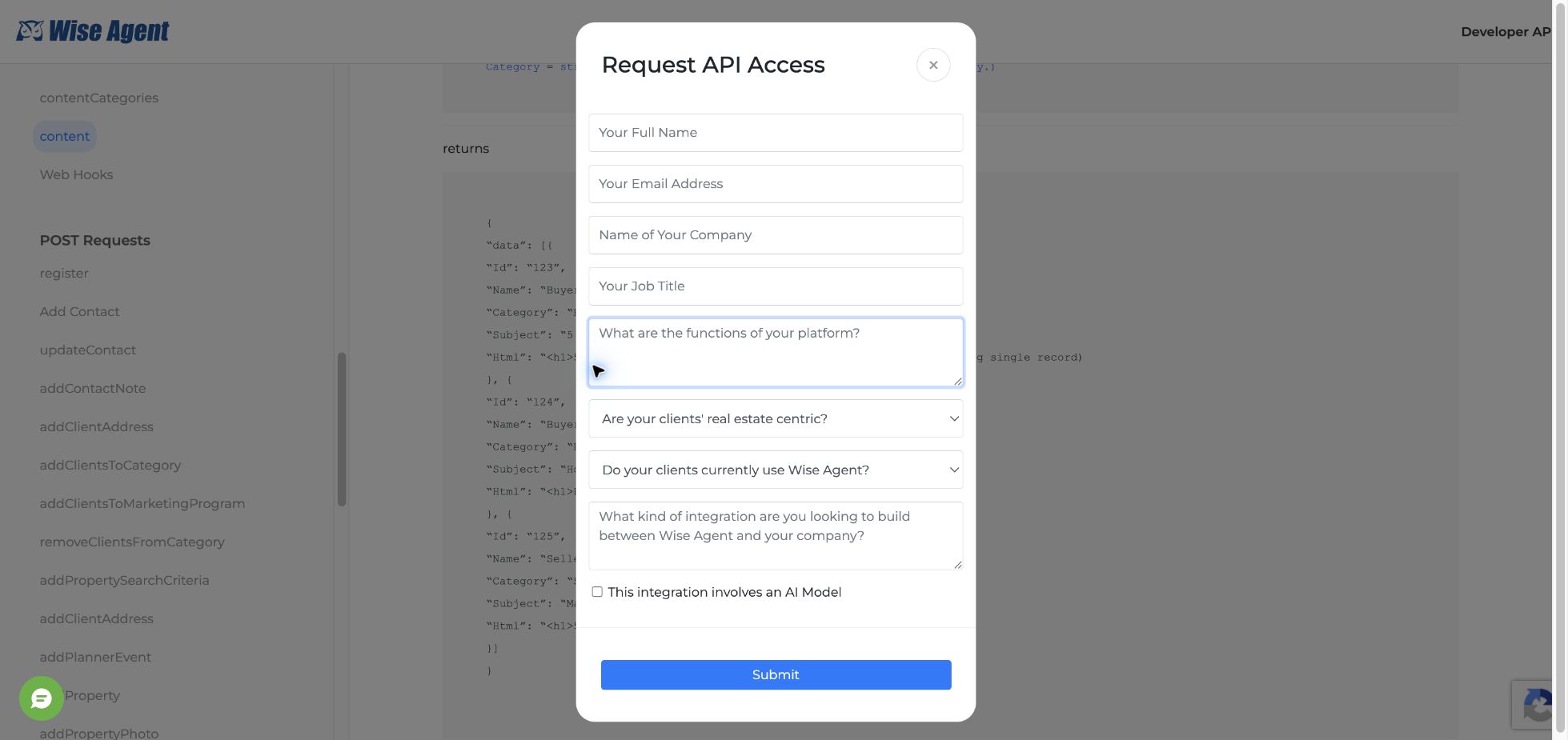 Complete blank Wise Agent Request API Access form showing every required company, platform, customer, integration, and AI-model field