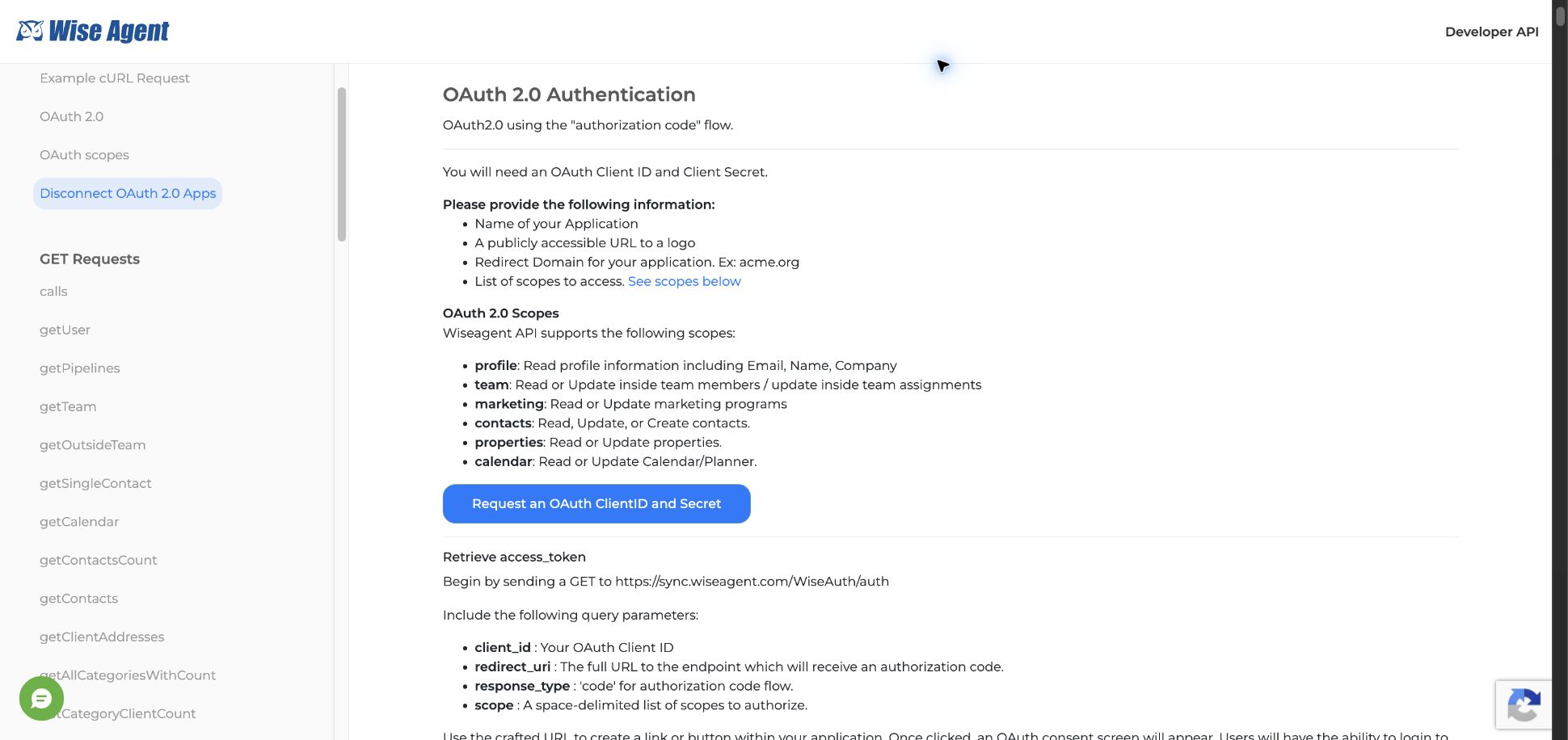 Wise Agent OAuth 2.0 Authentication section showing the required application information, supported scopes, and Request an OAuth ClientID and Secret button