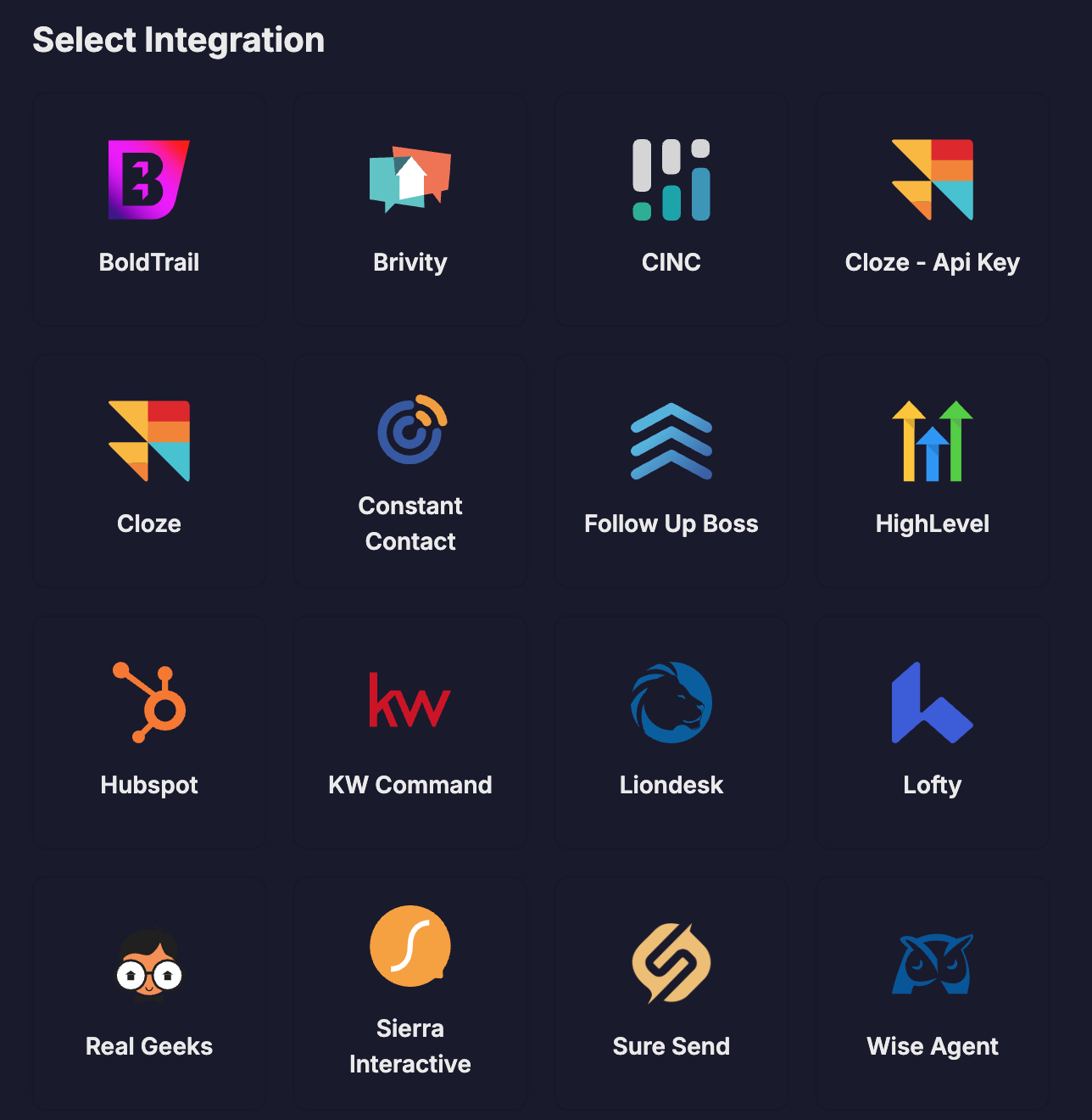 Select integration grid (dark mode)