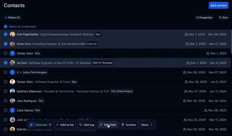 Applying tags and custom fields to several selected contacts at once