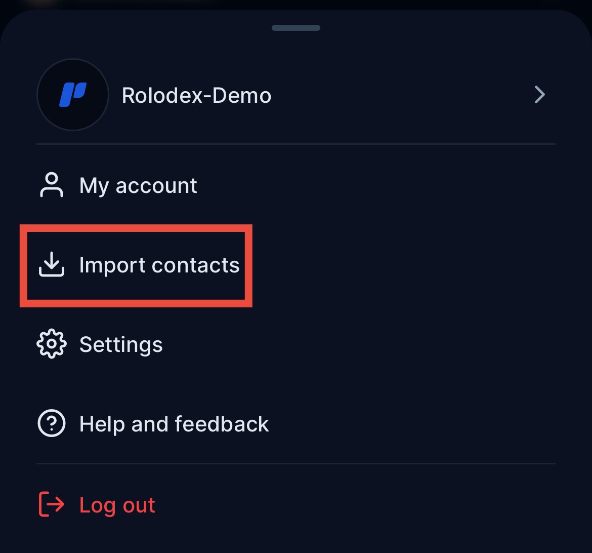 The Import Contacts option in the Rolodex mobile app menu
