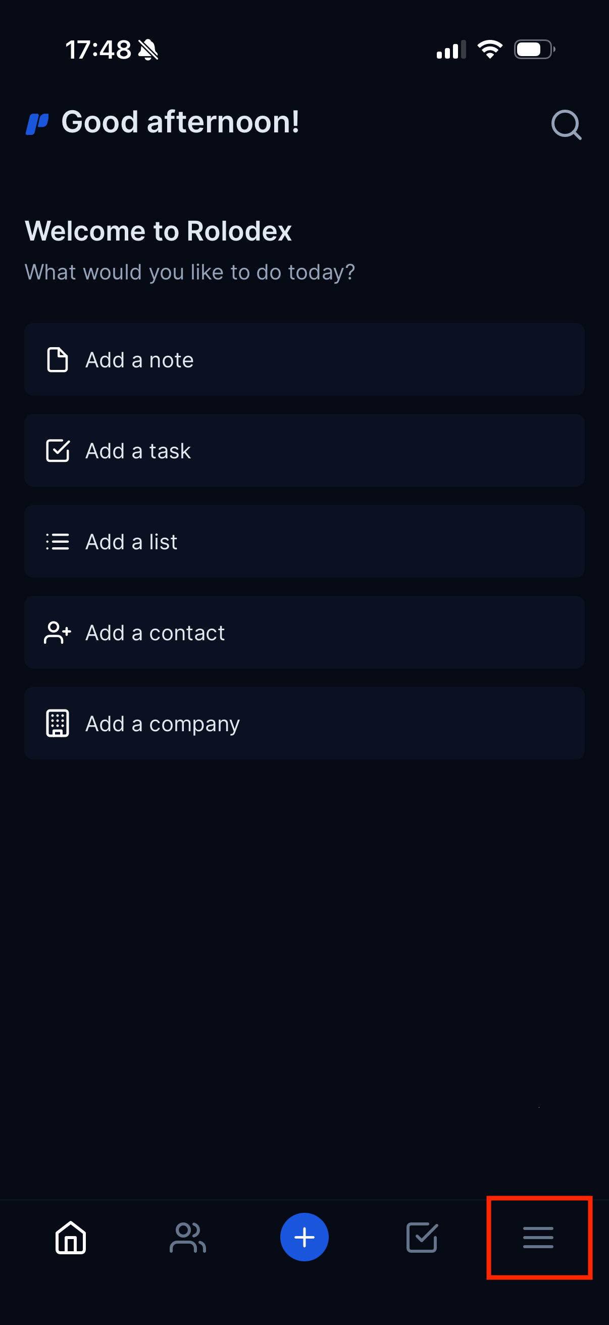 Opening the menu in the Rolodex mobile app