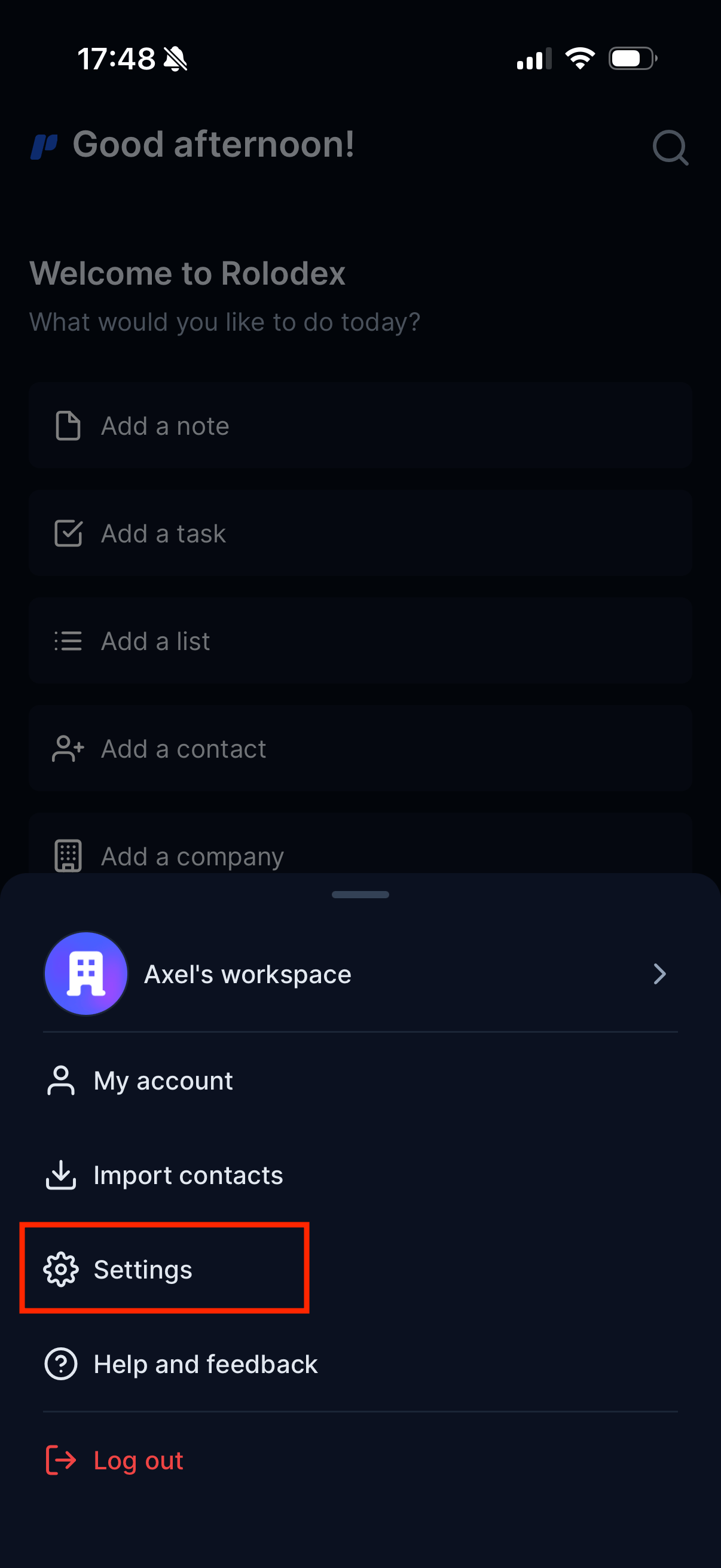 Selecting Settings from the Rolodex mobile app menu
