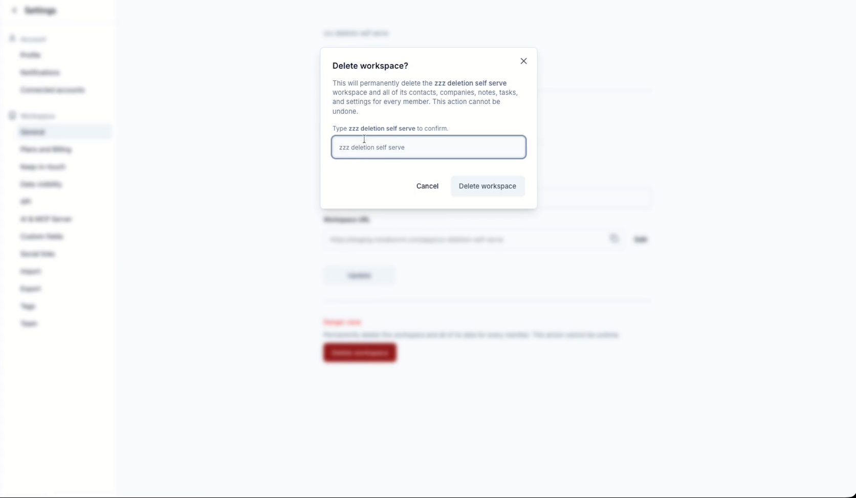 The Delete workspace confirmation dialog with the confirm button disabled