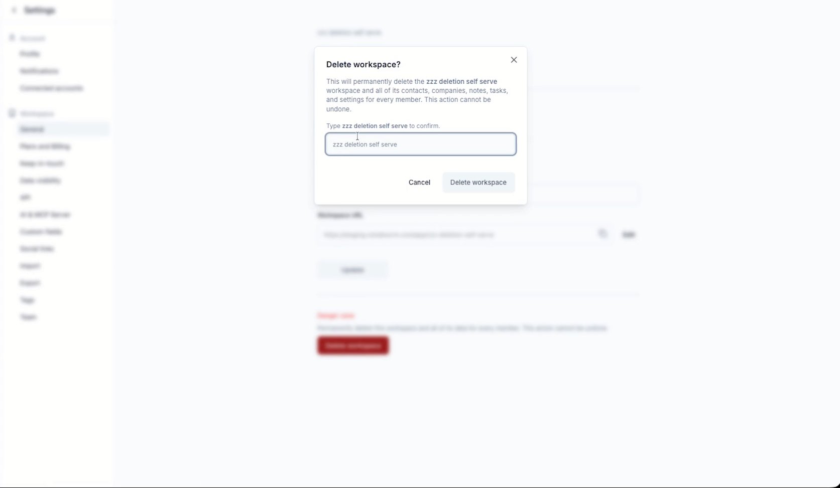 The Delete workspace confirmation dialog with the confirm button disabled