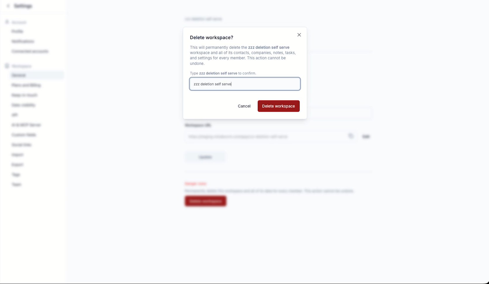 The Delete workspace confirmation dialog with the workspace name typed and the confirm button enabled