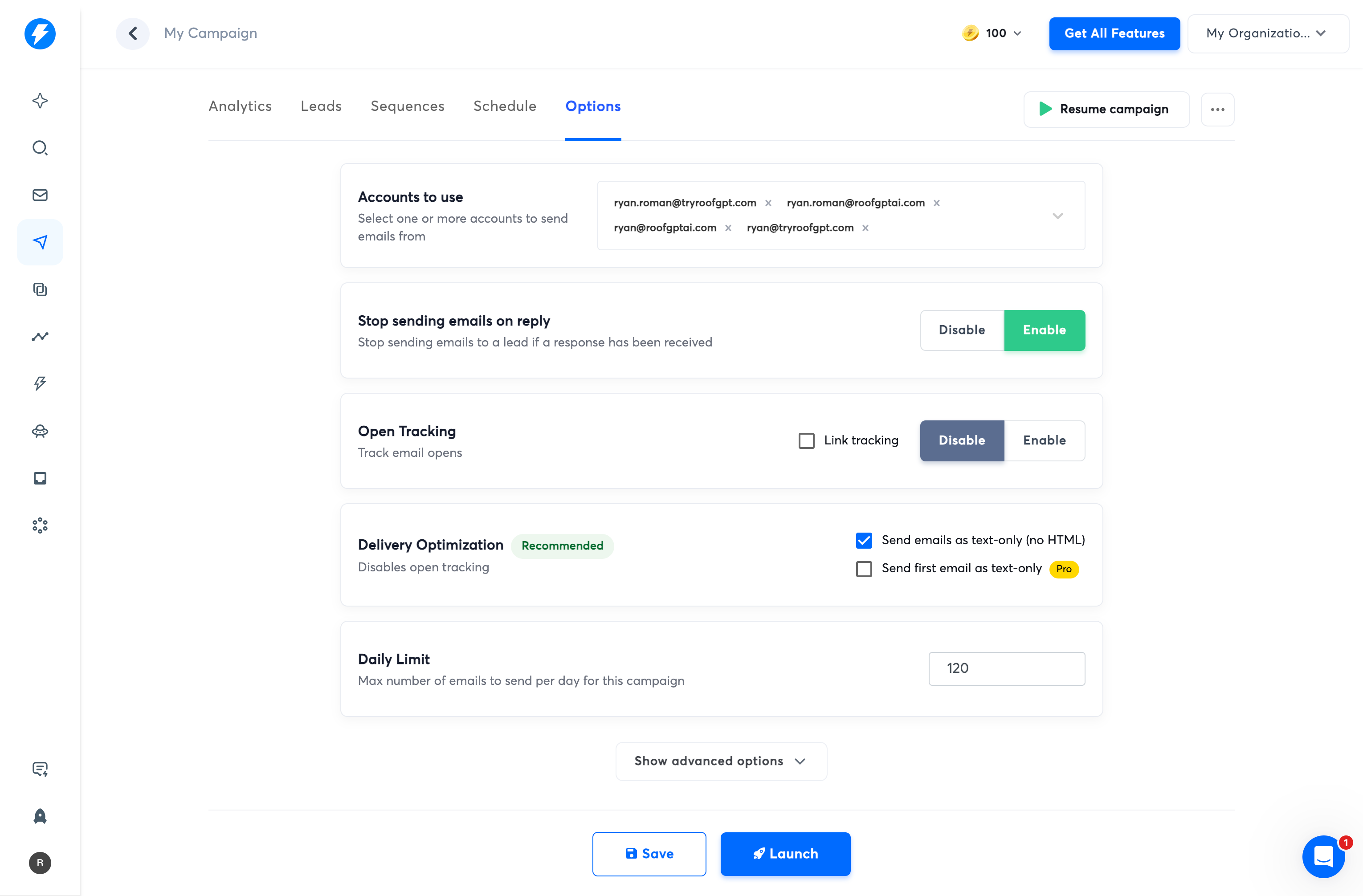 Instantly campaign options showing text-only and tracking disabled