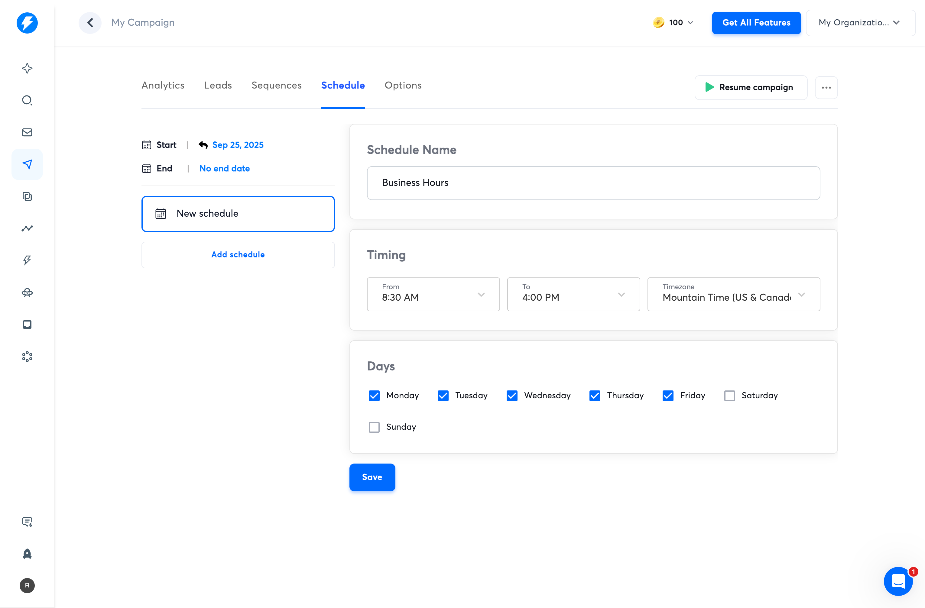 Instantly campaign schedule settings
