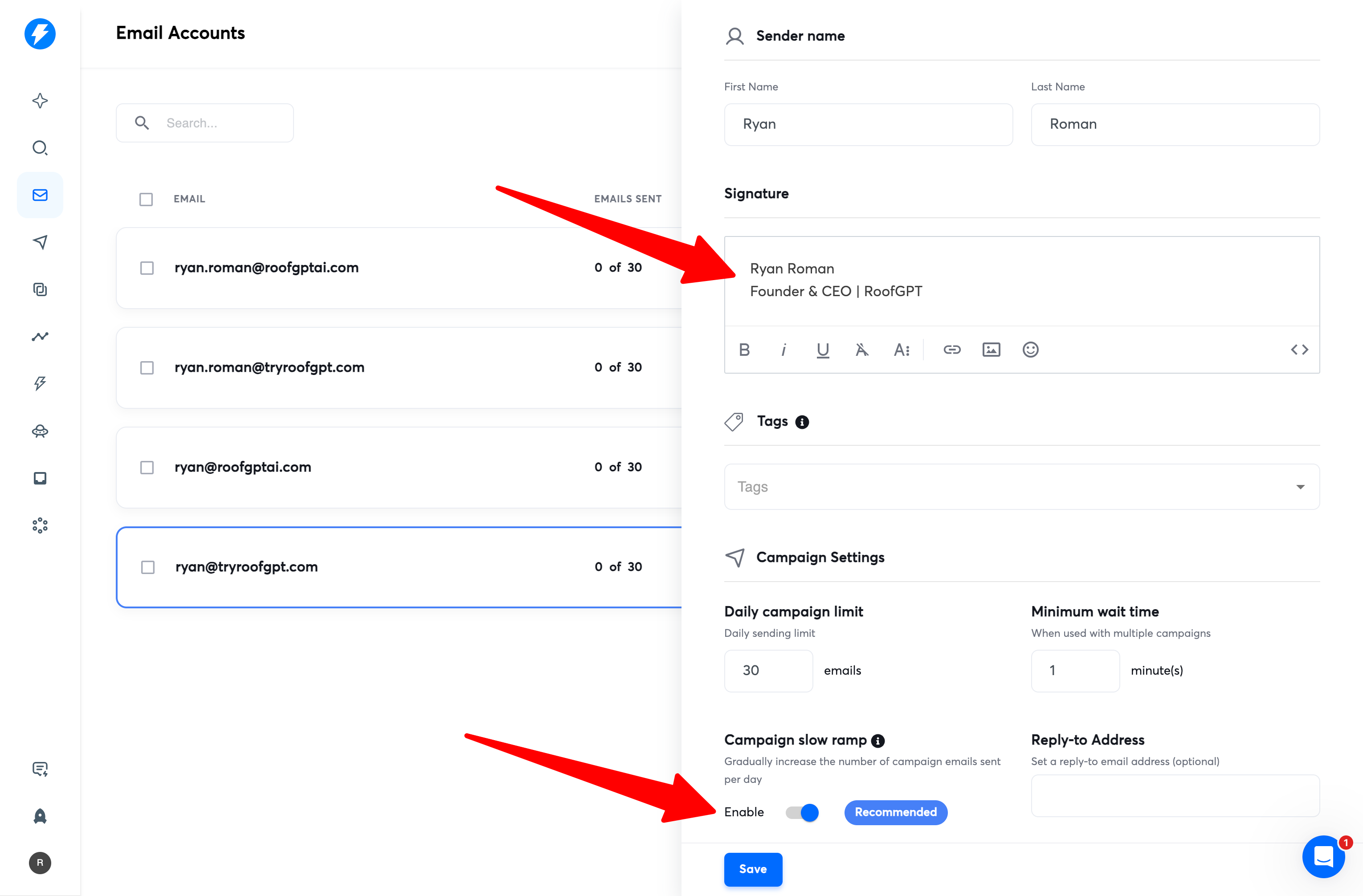Instantly warmup settings with signature and slow ramp