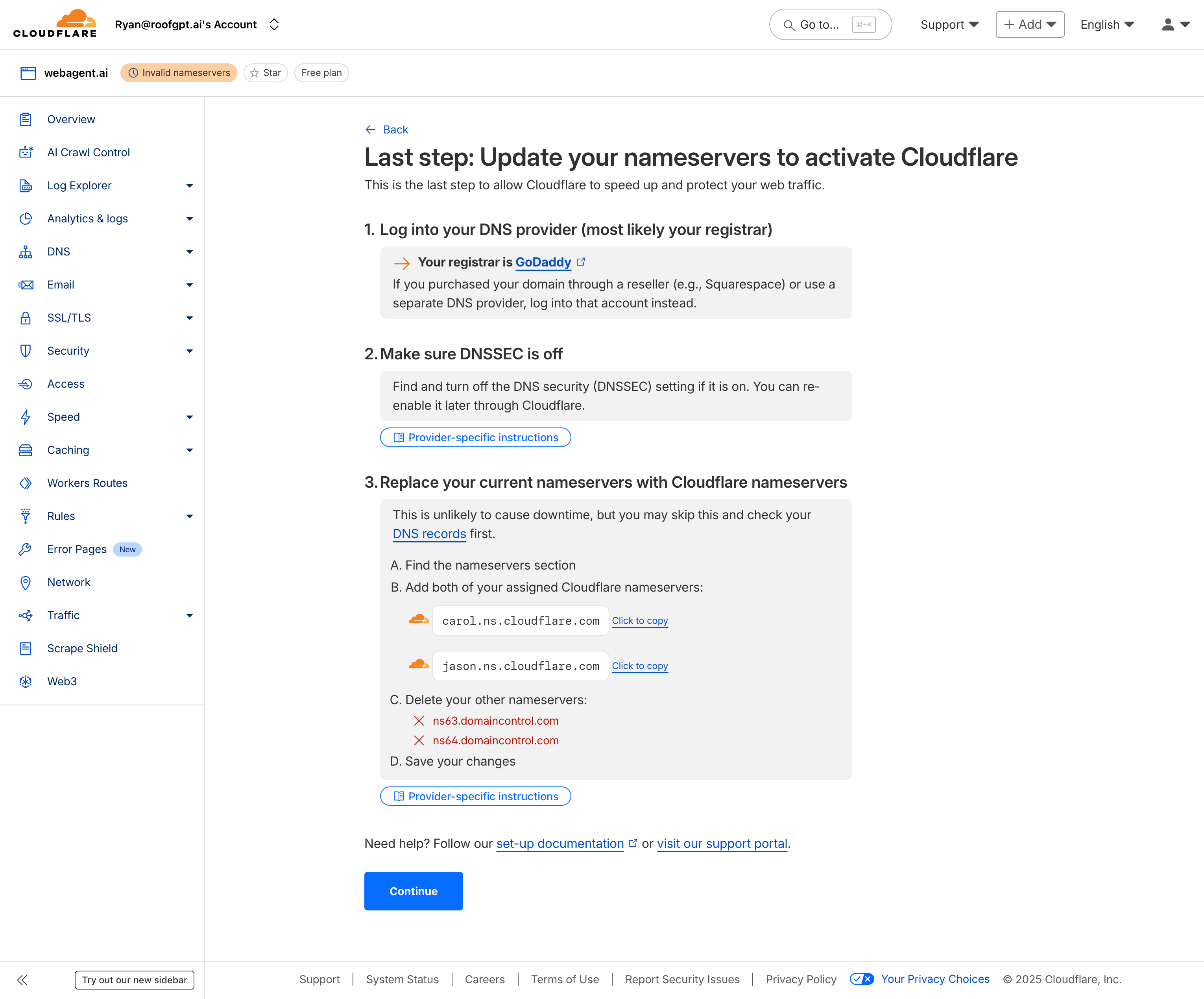 Cloudflare nameserver update screen (placeholder)