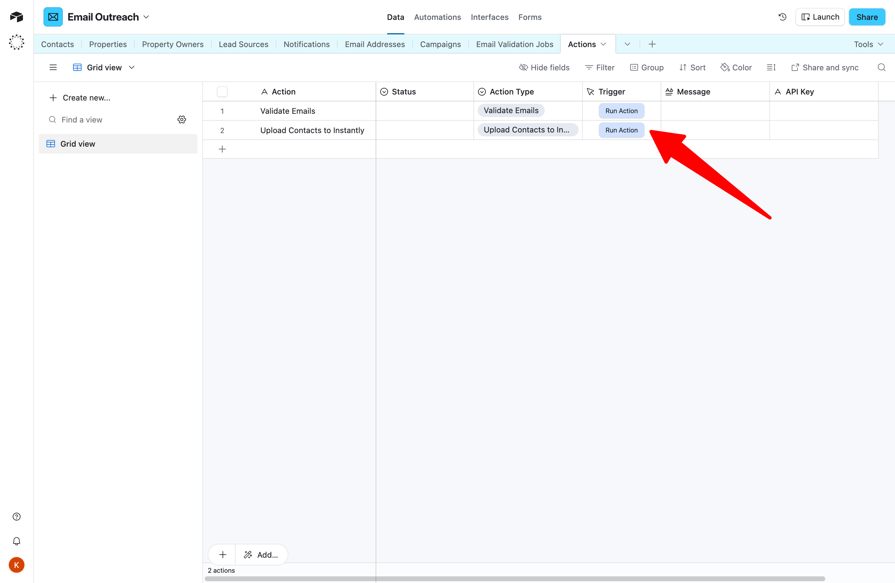 Actions table with upload button
