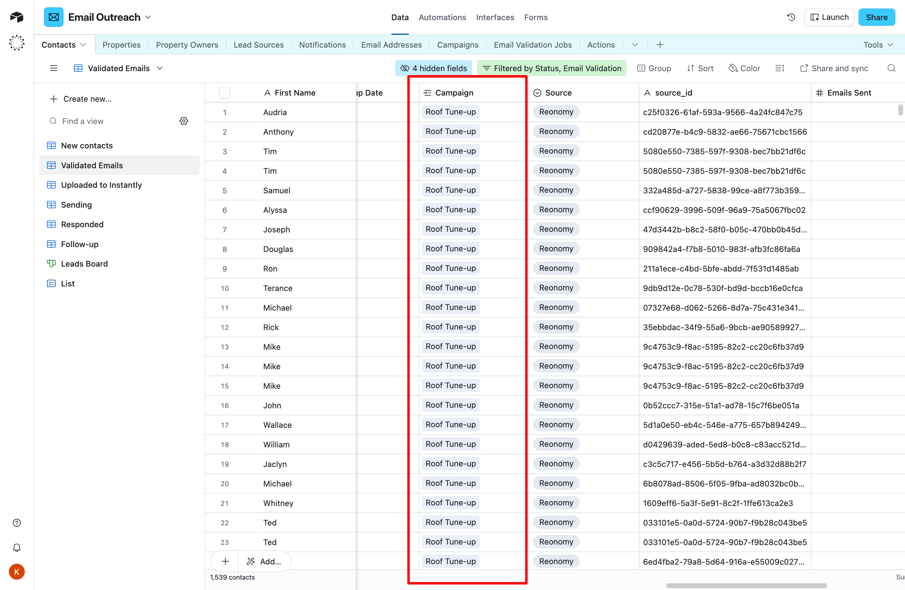 Contacts table with campaign assignment