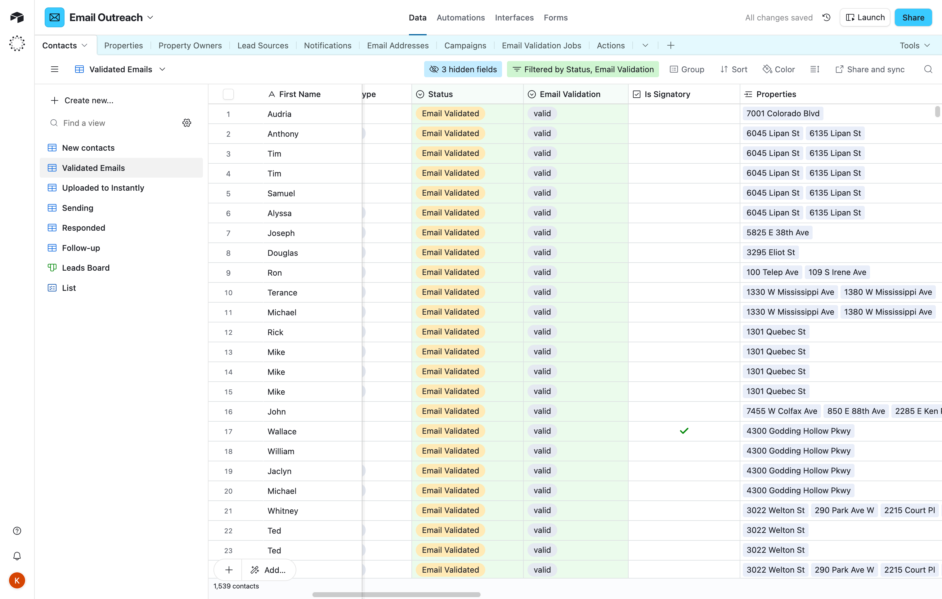 Contacts table showing validated records