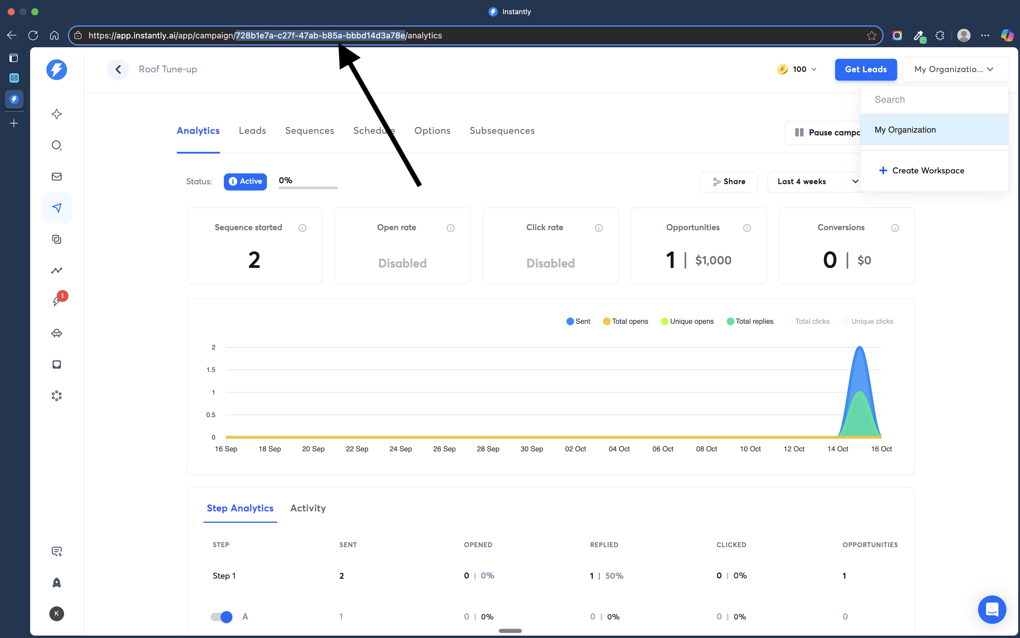 Instantly campaign URL with ID highlighted