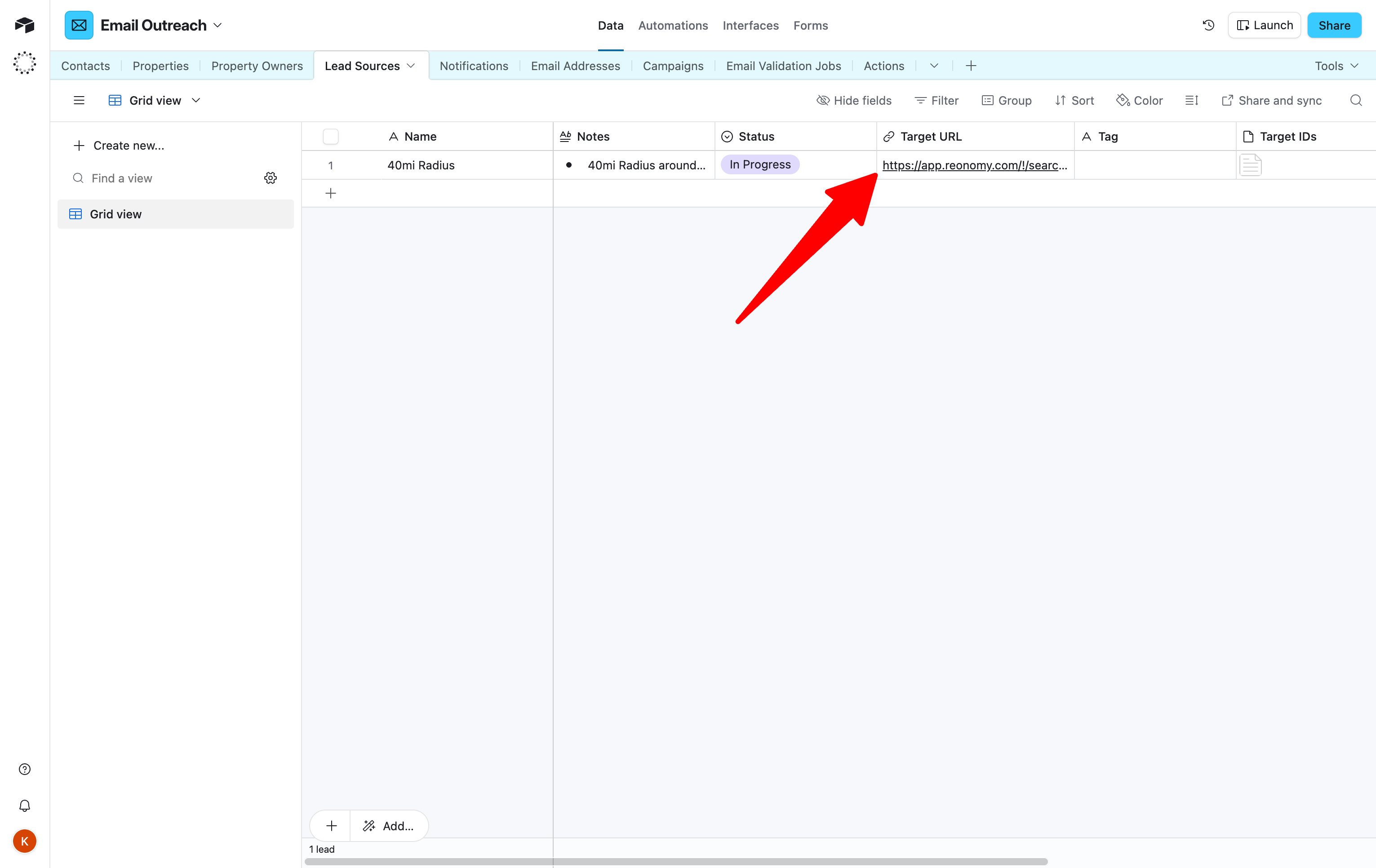 Lead Sources table with Reonomy URL