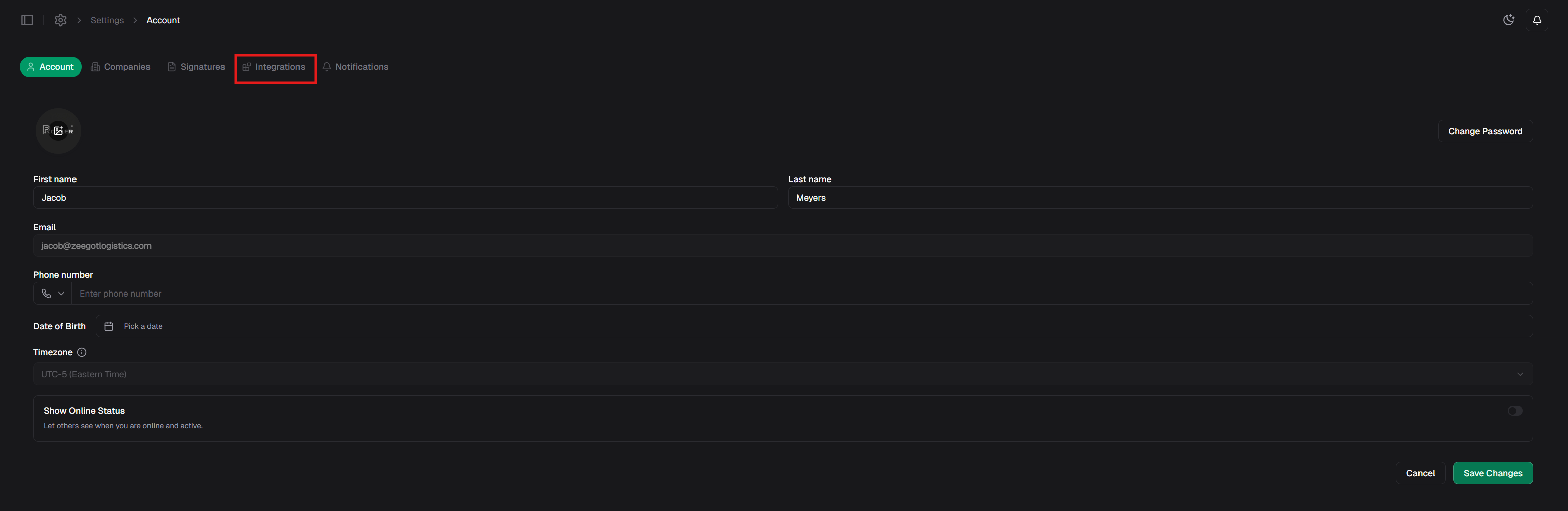 Switch to integrations tab
