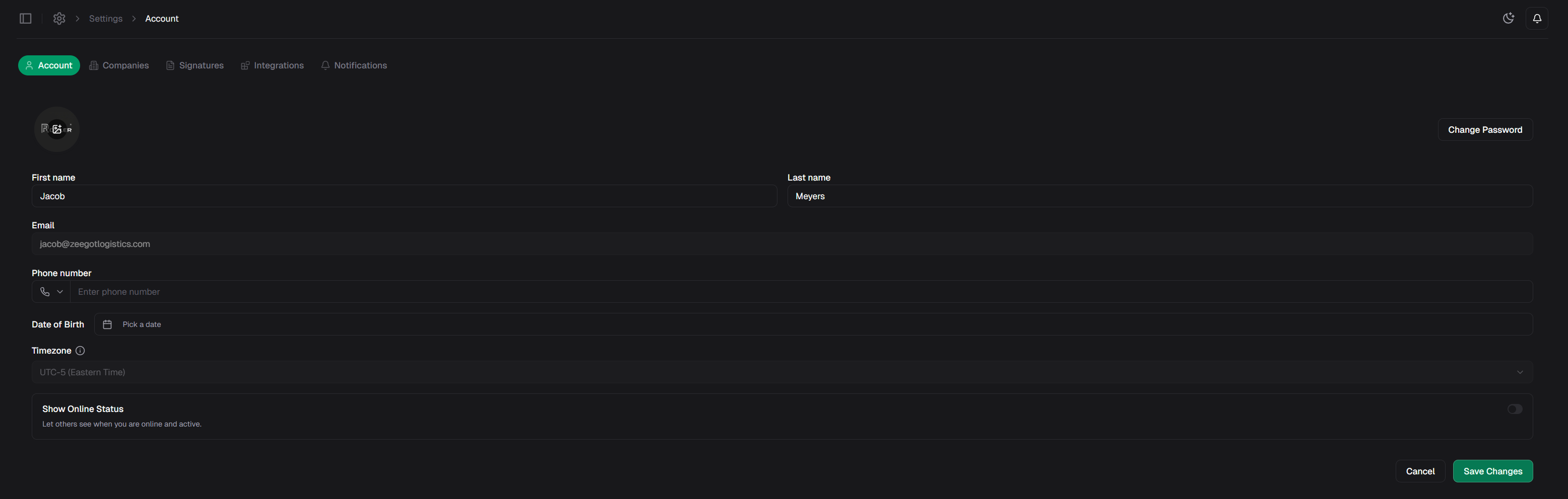 Account settings tab