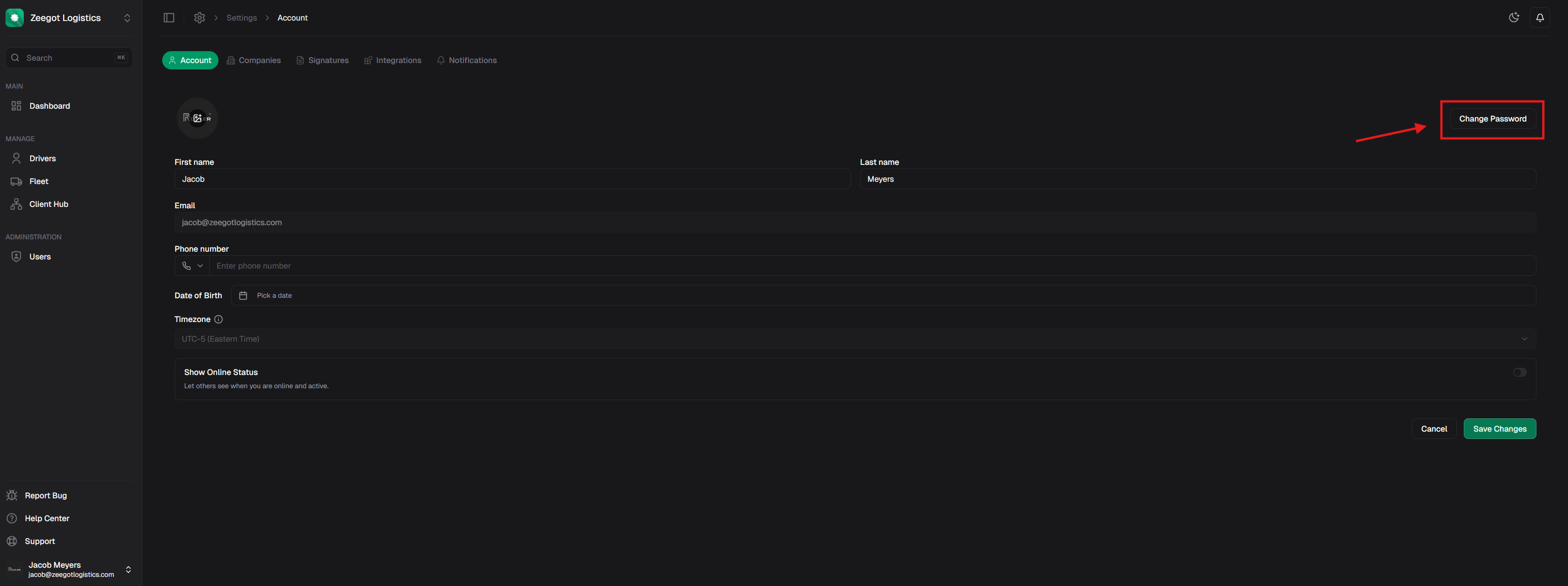 Change password button