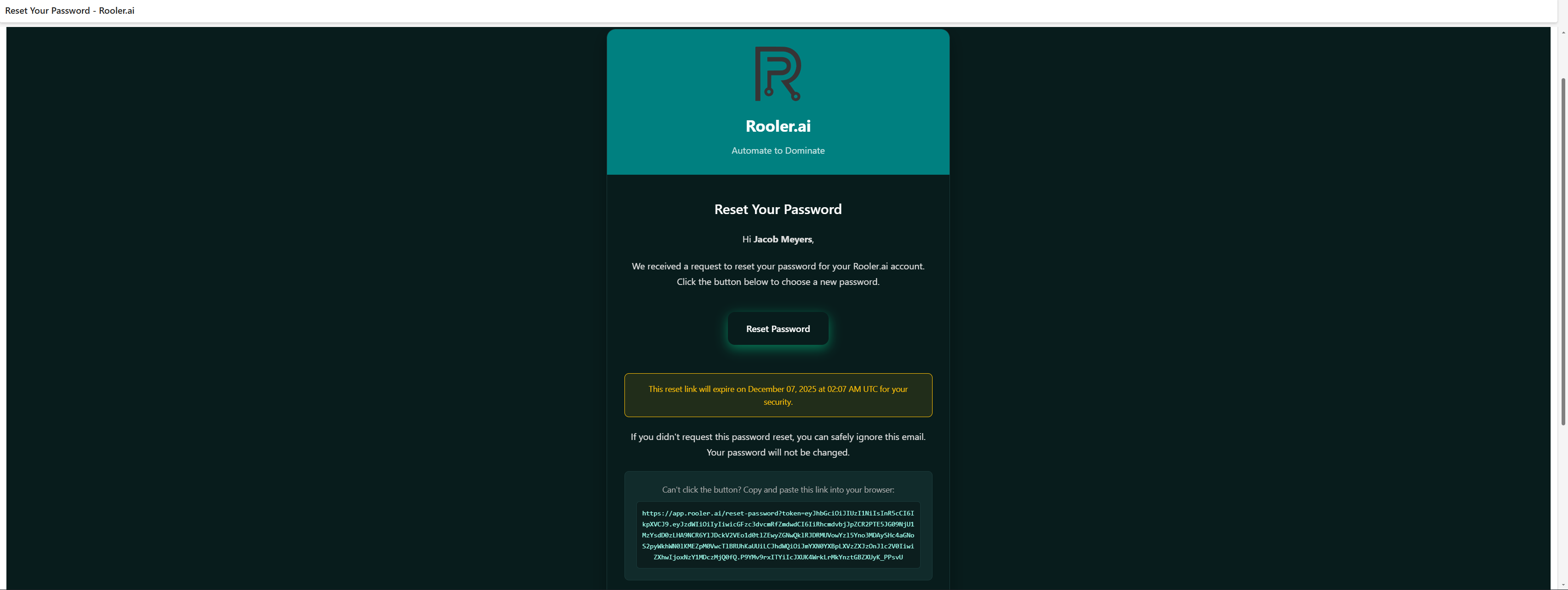 Password reset email