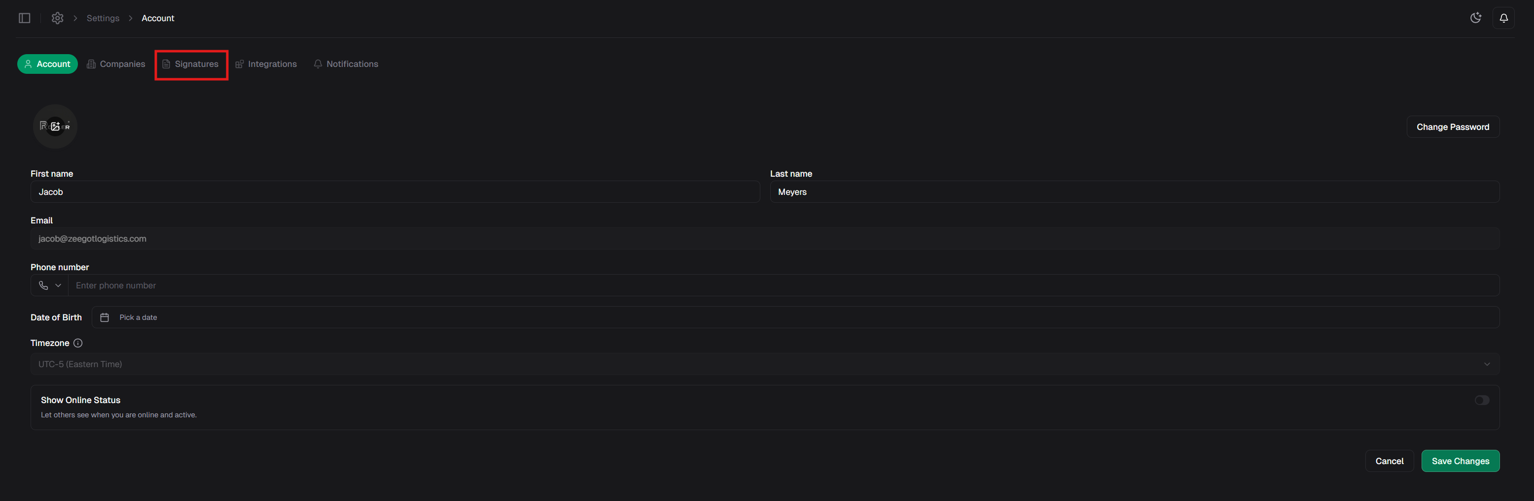Switch to signatures tab