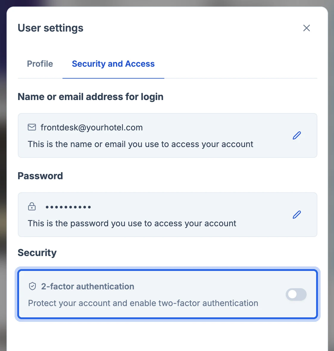 Security and Access tab with the 2-factor authentication section highlighted