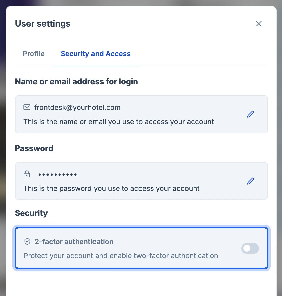 Security and Access tab with the 2-factor authentication section highlighted
