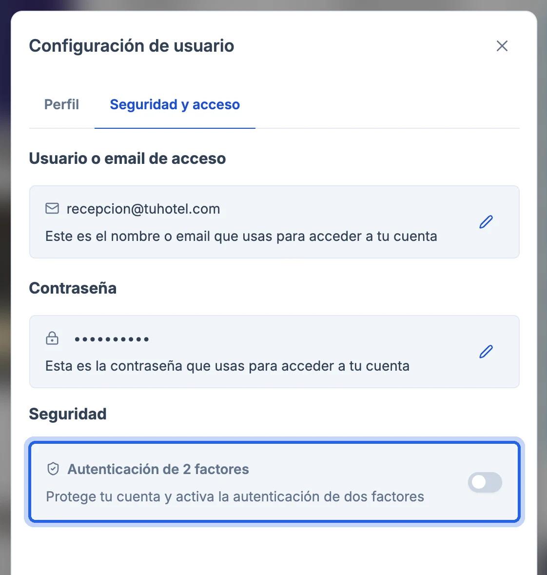 Pestaña Seguridad y acceso con el apartado Autenticación de 2 factores resaltado
