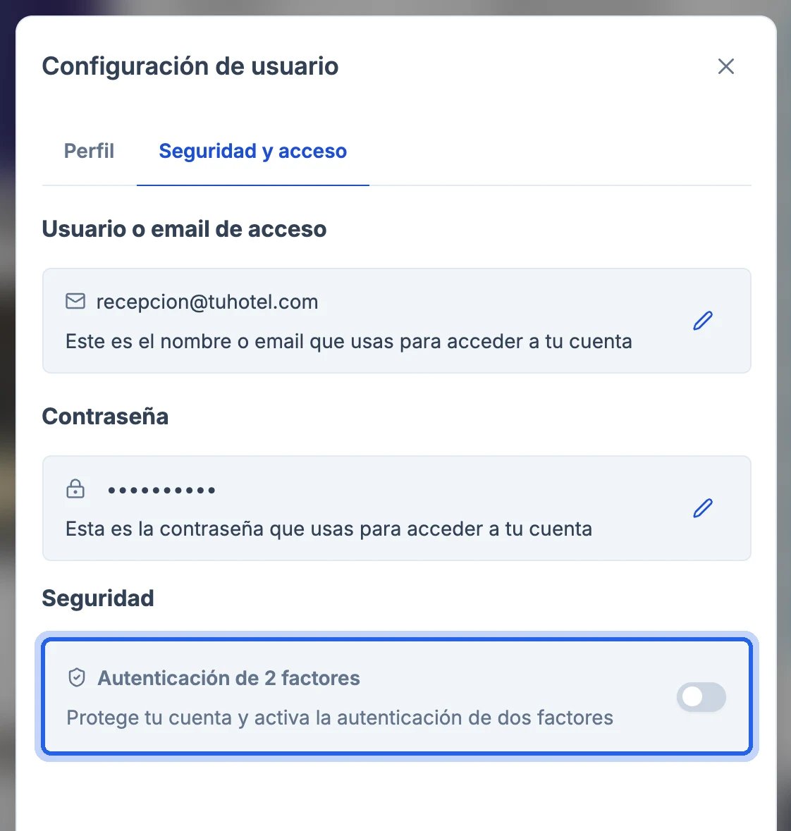 Pestaña Seguridad y acceso con el apartado Autenticación de 2 factores resaltado