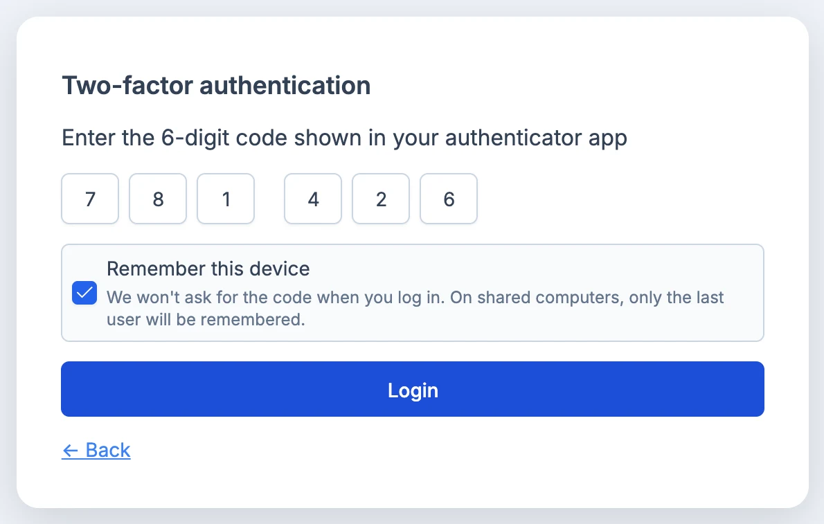 Sign-in screen with the 6-digit code and the Remember this device checkbox