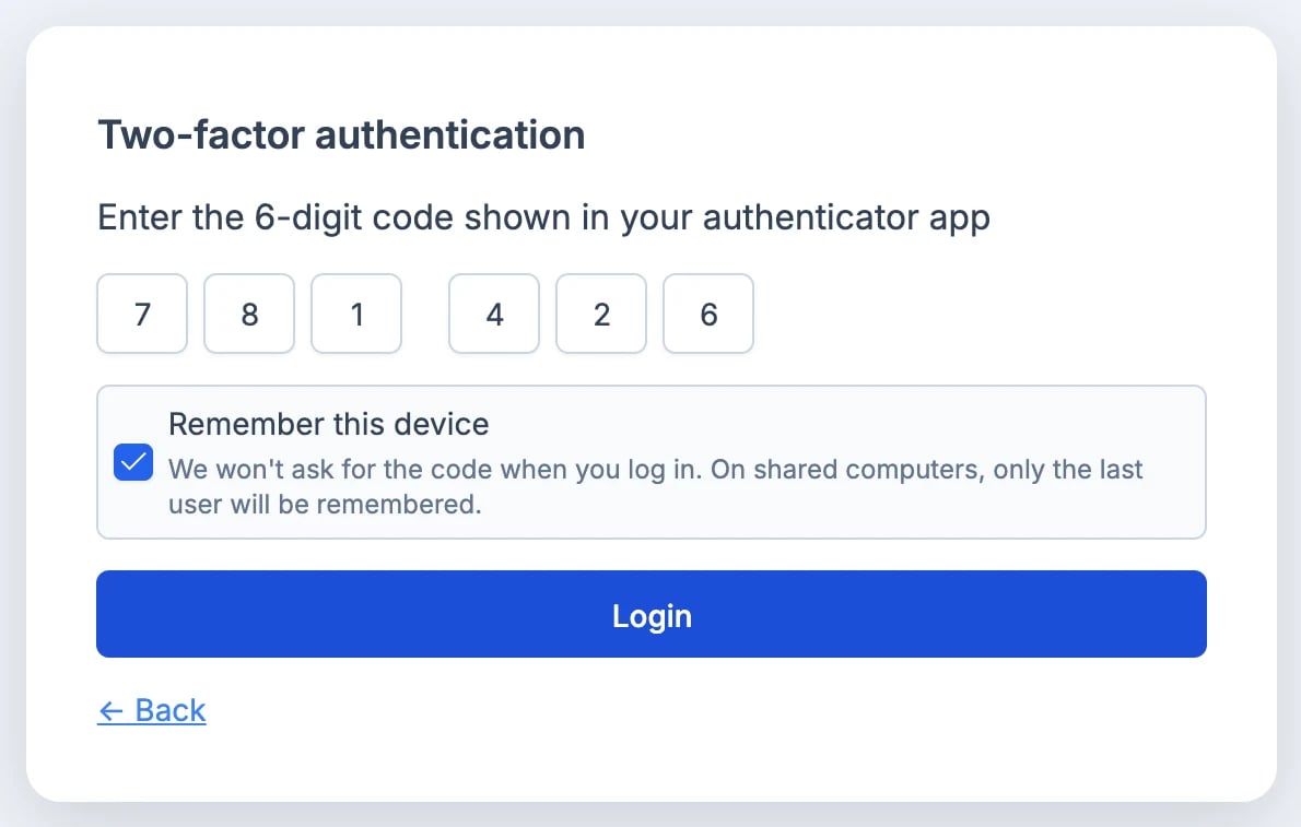 Sign-in screen with the 6-digit code and the Remember this device checkbox