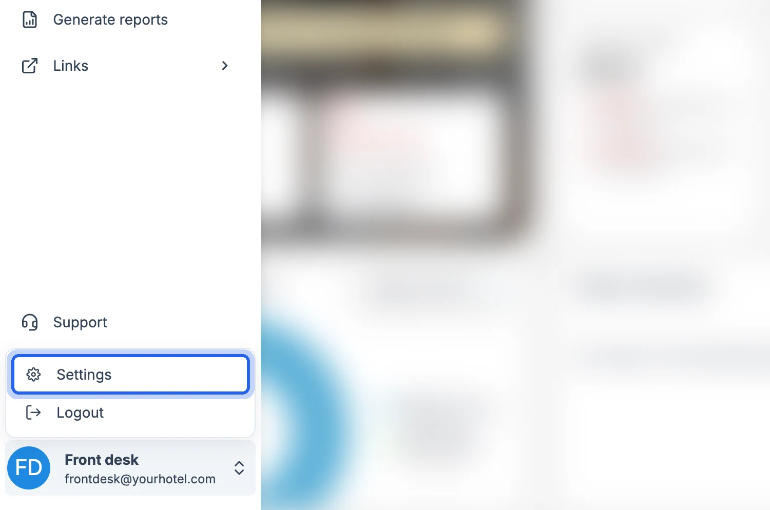 Sidebar with the user menu open and the Settings option highlighted