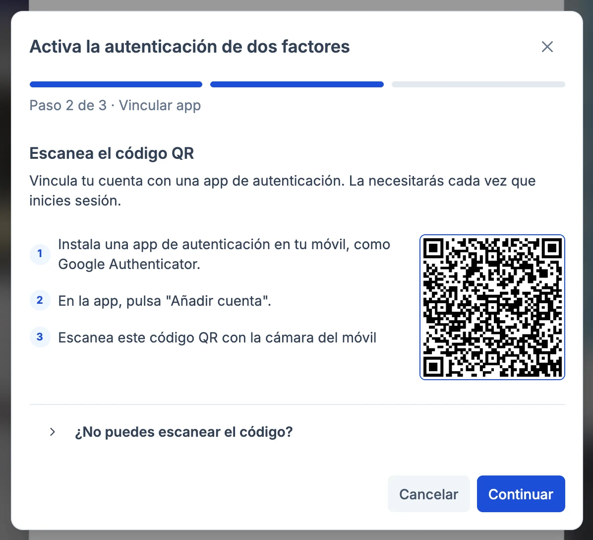Paso 2 de 3 del asistente con el código QR para vincular la app