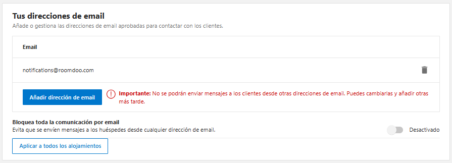 Your email addresses section with notifications@roomdoo.com added