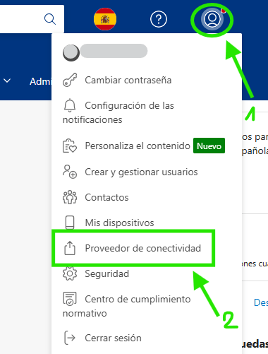 Menú de cuenta de la extranet de Booking.com con la opción Proveedor de conectividad