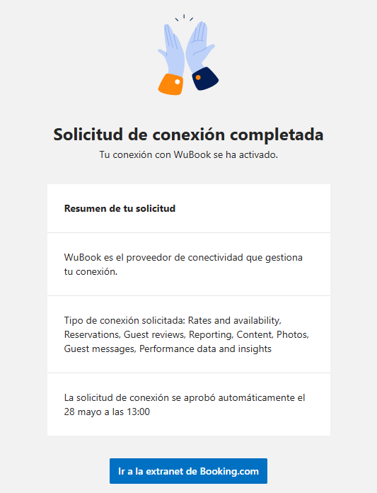 Confirmación Solicitud de conexión completada: tu conexión con WuBook se ha activado