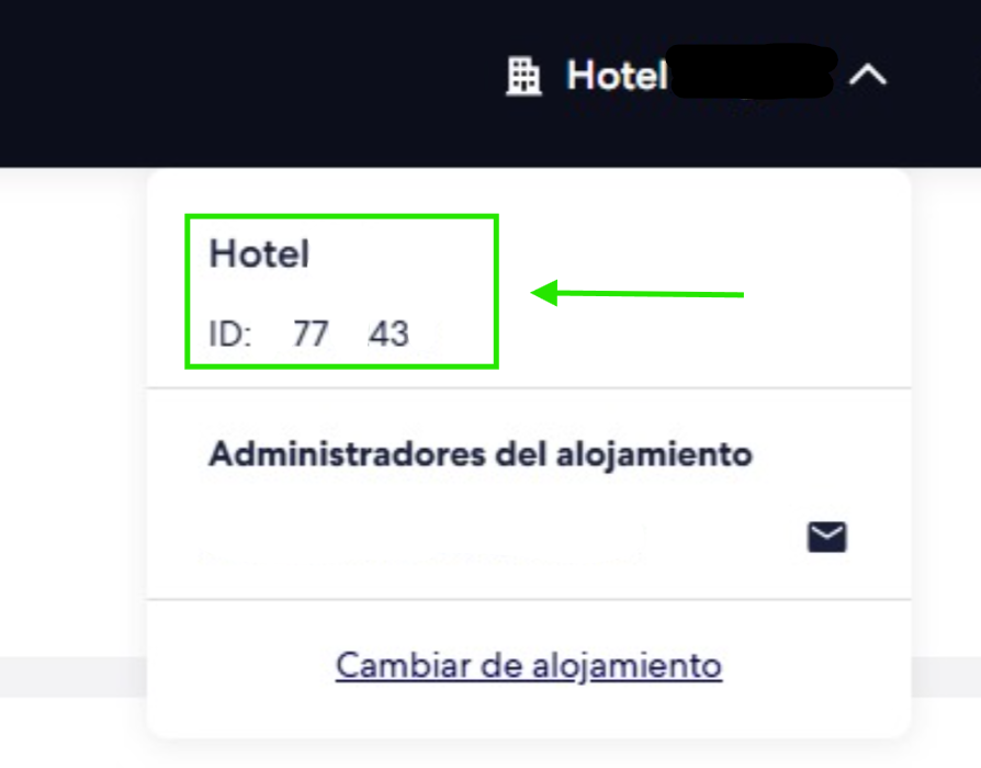 Desplegable del alojamiento en la extranet de Expedia con el ID resaltado