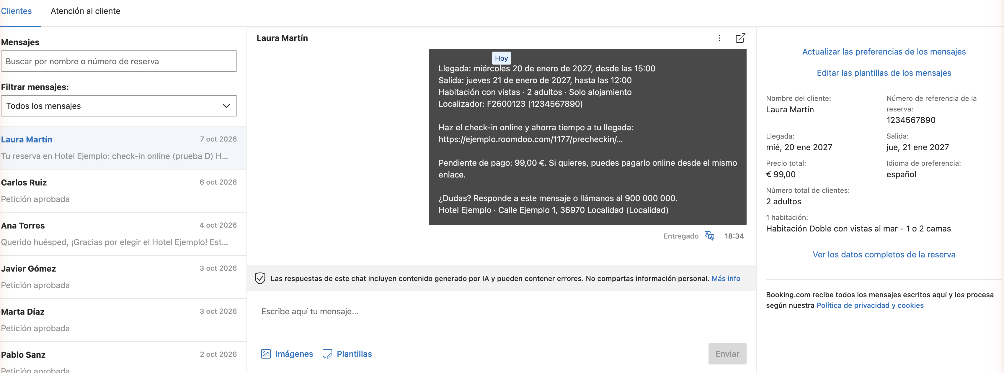 Bandeja de entrada de la extranet de Booking.com con la lista de conversaciones de reservas