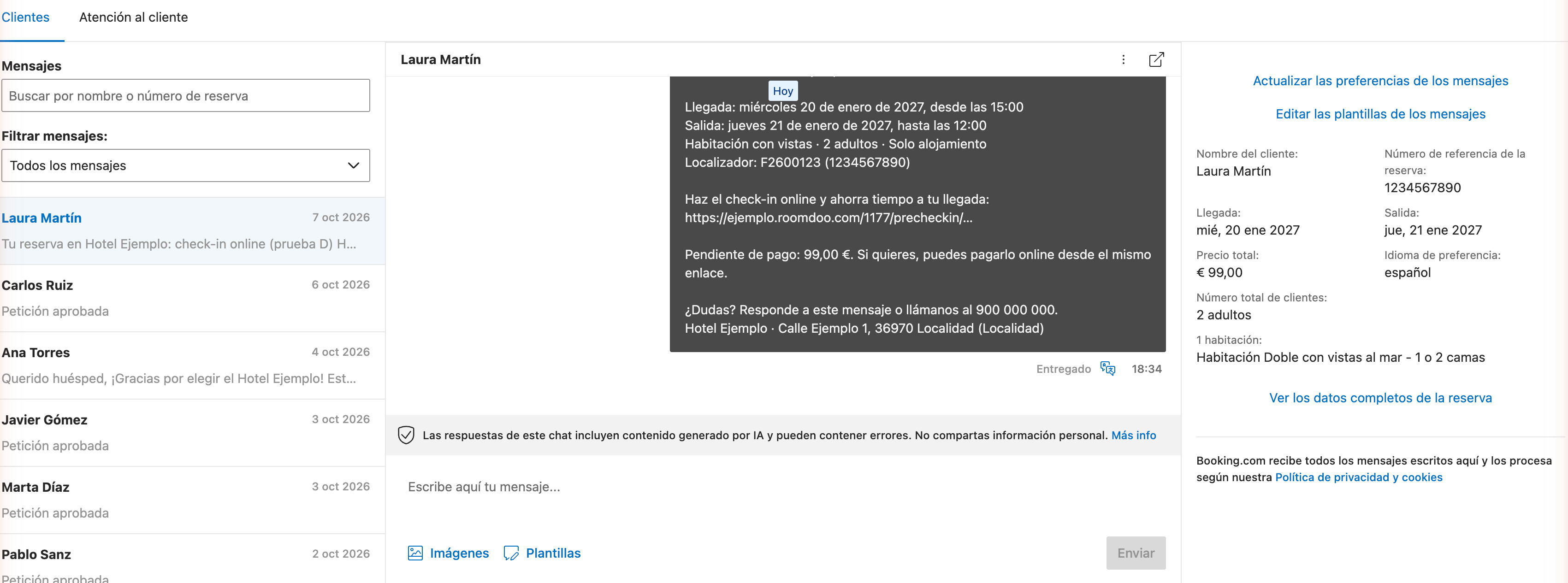 Bandeja de entrada de la extranet de Booking.com con la lista de conversaciones de reservas